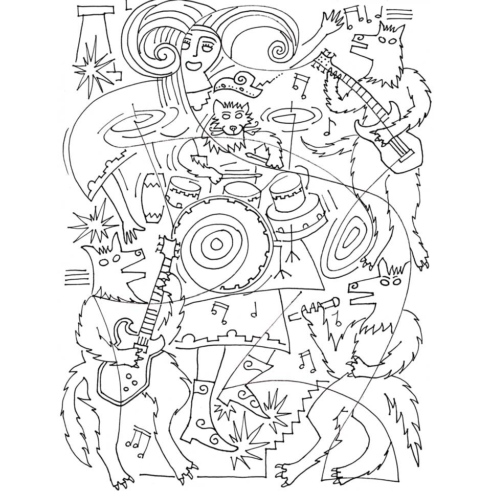 Drawing of Cozmic Cat, The Band of DogZ and The Inca Princess Daizy playing music and singing