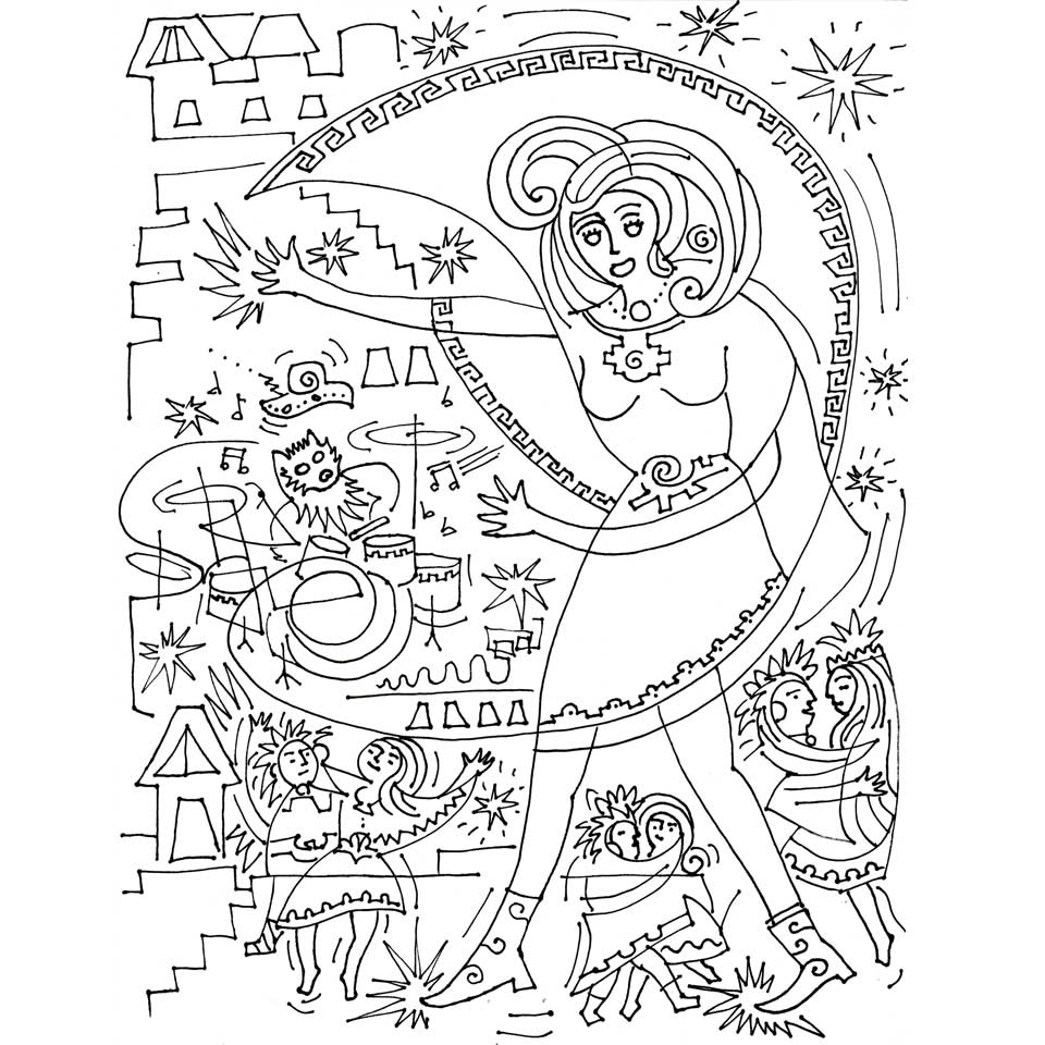 Drawing of daizyCozmo and the Inca dancers